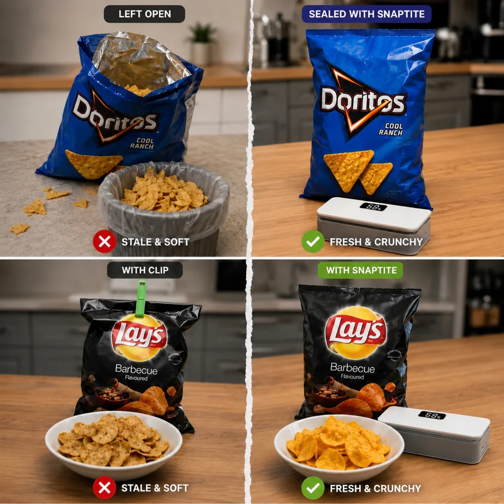 Left open and stale vs sealed with Snaptite — fresh and crunchy
