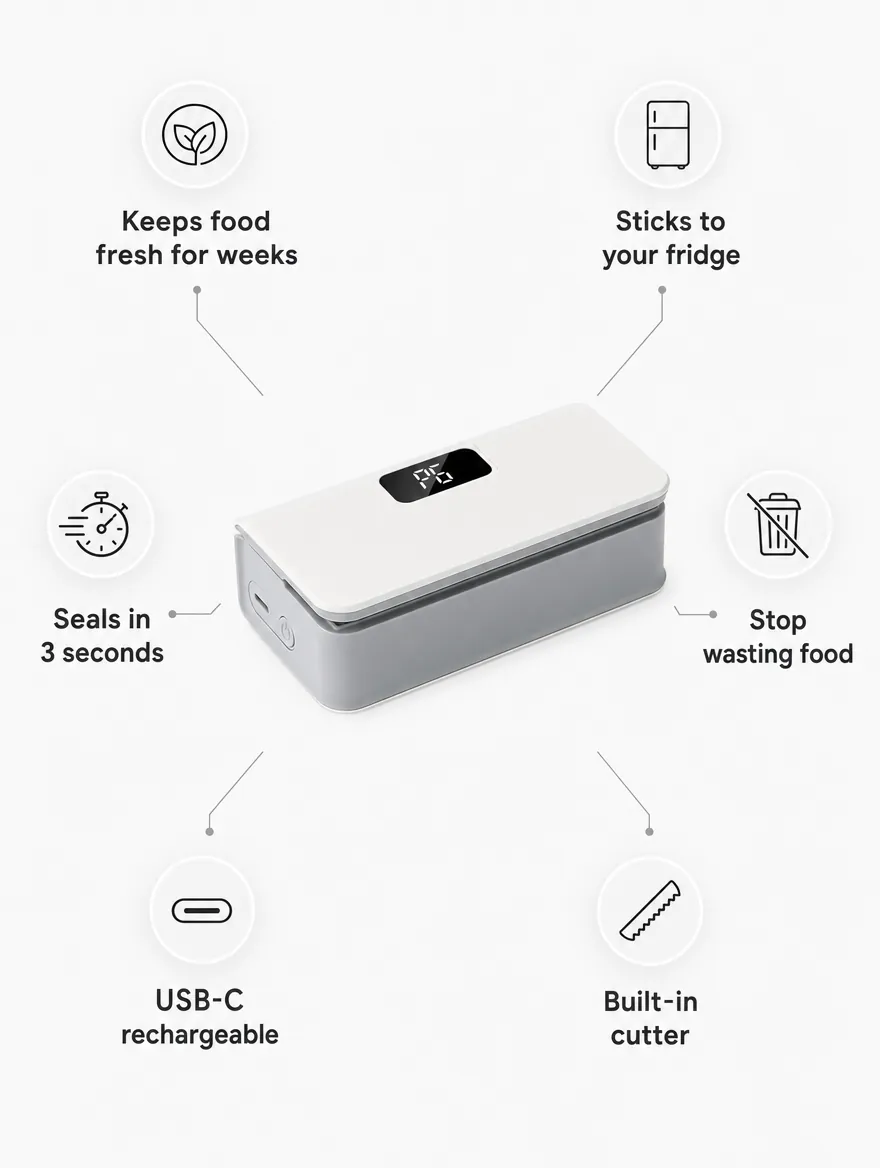 Snaptite benefits — keeps food fresh, sticks to fridge, seals in 3 seconds